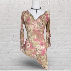 y2k euro floral fairy top with bell sleeves and asymmetrical hem
